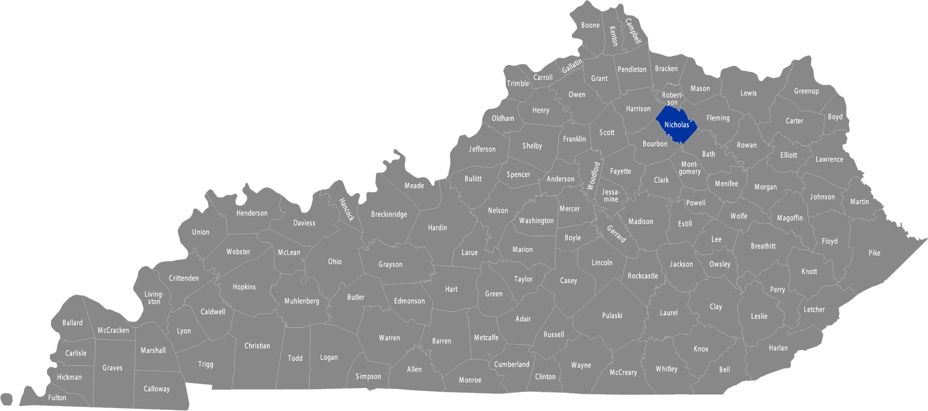 State of Kentucky map with Nicholas County highlighted